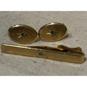 Vintage Gold Tone Avon Tie Clip Blue Rhinestone Starburst & 2 Cuff Links